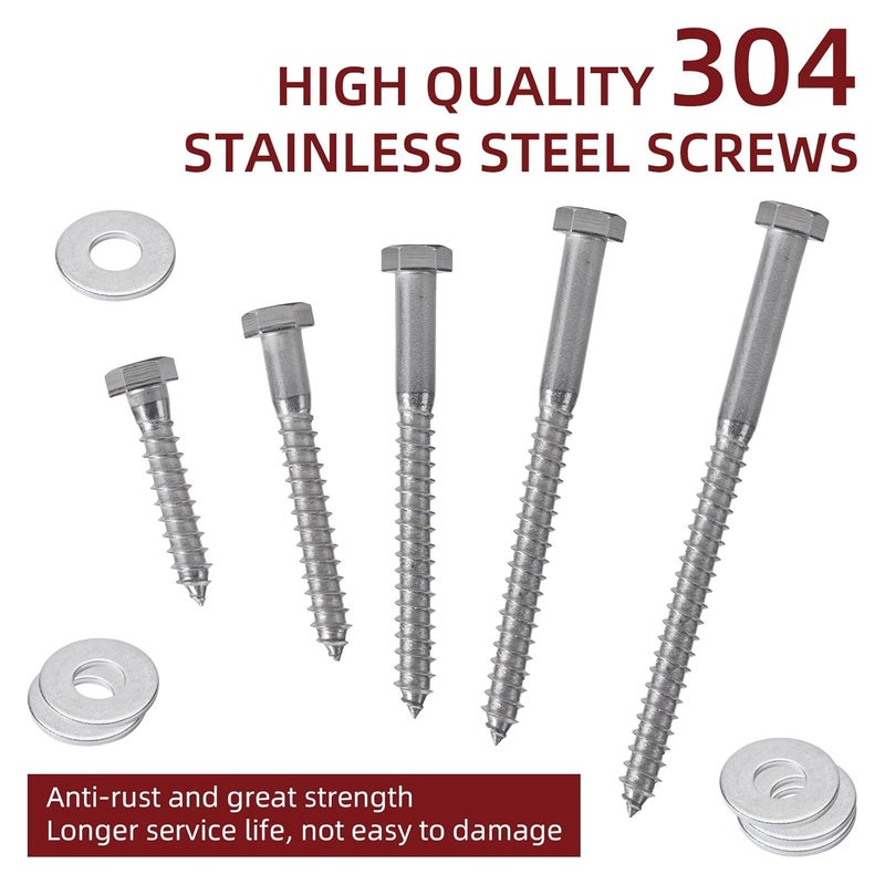 AiVeUao 50 Pack 304 Stainless Steel Wood Lag Screw, 3/8" x 2" Hex Head Lag Bolts, Heavy Duty Hex Head Lag Screws, Wood Screws 18-8 - Image 5